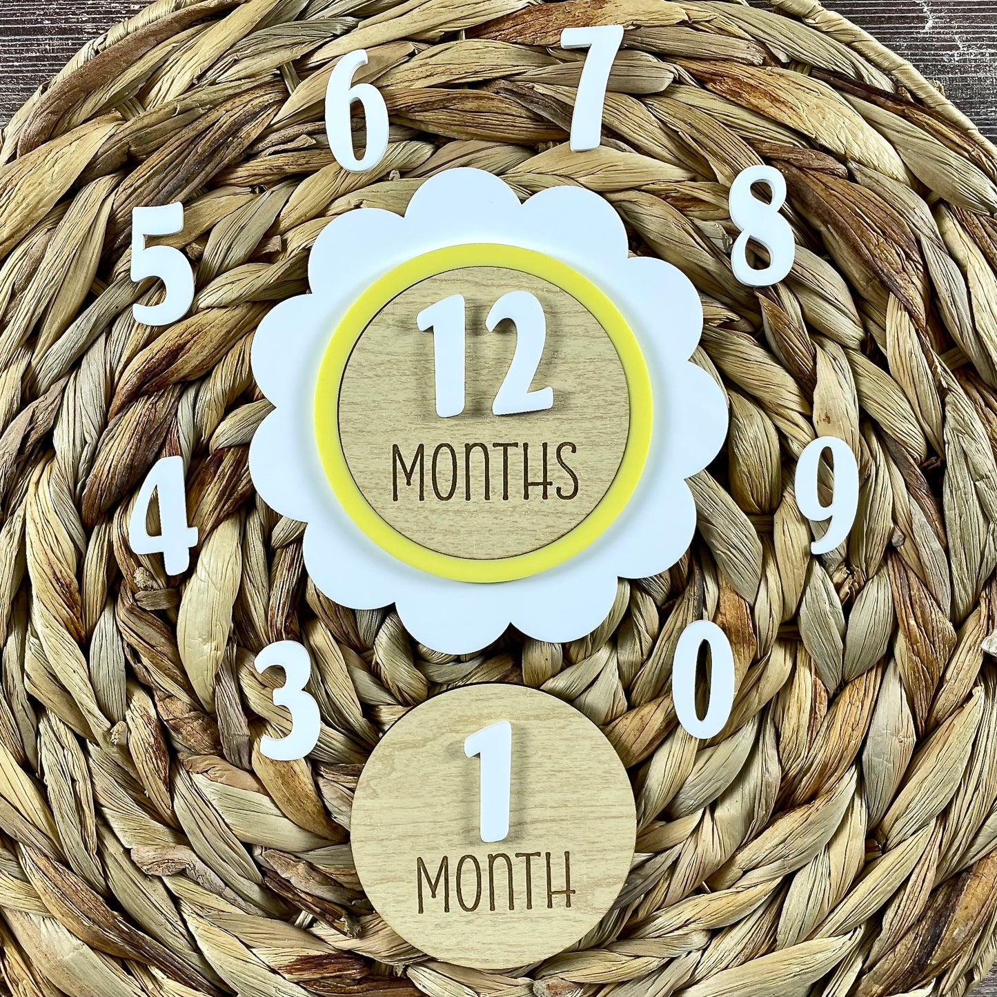 Flower Baby Milestone Set – Personalized Monthly Markers for Baby Photos – Wooden Disc Keepsake – Acrylic Number Set – Name Add-On