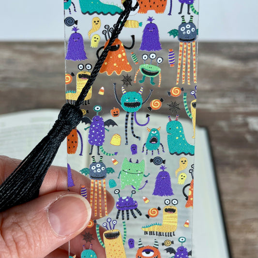 Colorful Monster Halloween Bookmark – Cute Spooky Kids Bookmark with Tassel – Fun Ghost & Candy Design – Teacher Reward or Book Lover Gift