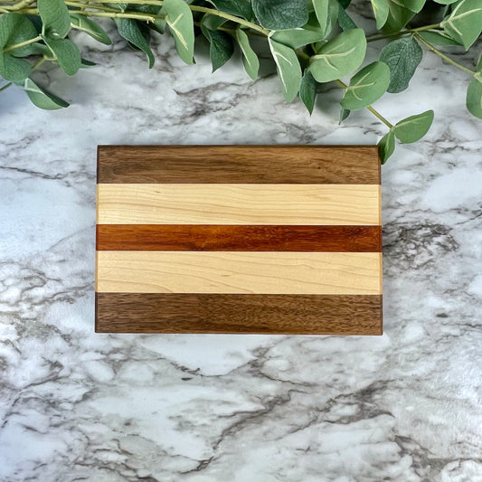 Padauk, Walnut, and Maple Cutting Board | Three-Tone Wood Charcuterie Board | Unique Anniversary Gift | Handmade Kitchen Decor