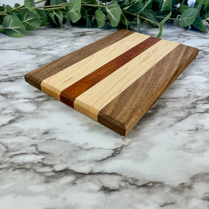 Padauk, Walnut, and Maple Cutting Board | Three-Tone Wood Charcuterie Board | Unique Anniversary Gift | Handmade Kitchen Decor