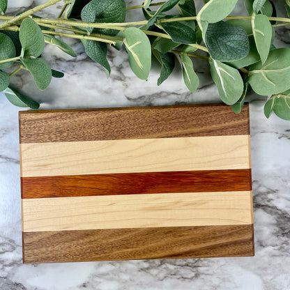 Padauk, Walnut, and Maple Cutting Board | Three-Tone Wood Charcuterie Board | Unique Anniversary Gift | Handmade Kitchen Decor