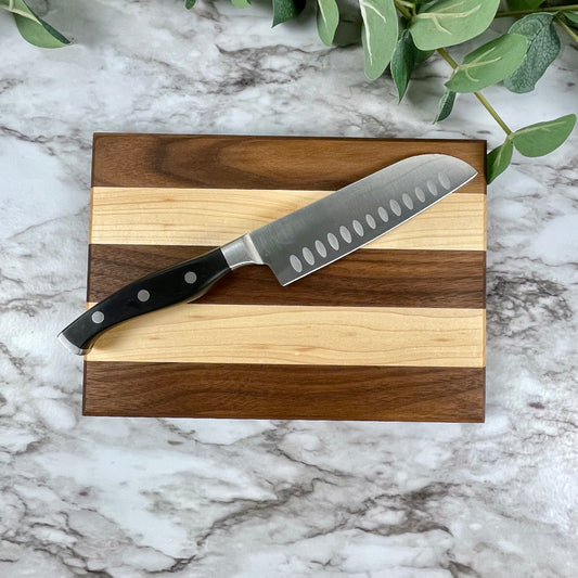 Striped Walnut and Maple Cutting Board | Modern Geometric Serving Board | Unique Housewarming Gift | Kitchen Decor