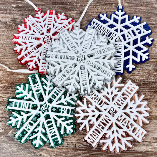 Personalized Snowflake Ornament 2025 – Custom Family Christmas Glitter or Mirror Decoration