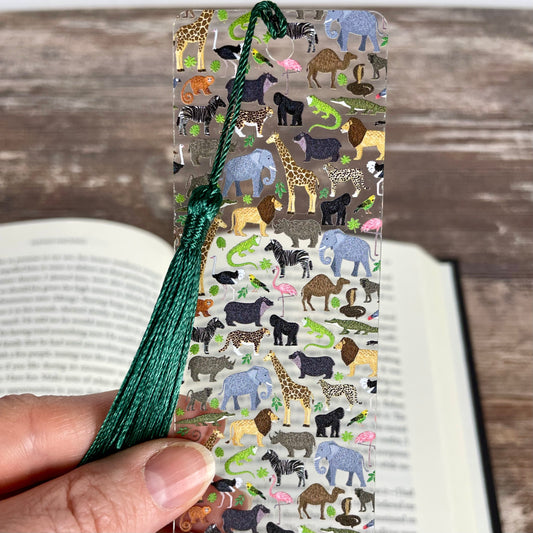 Zoo Animals Bookmark with Green Tassel – Fun Safari Jungle Gift for Readers, Kids, Teachers, Book Clubs