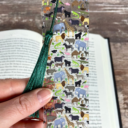 Zoo Animals Bookmark with Green Tassel – Fun Safari Jungle Gift for Readers, Kids, Teachers, Book Clubs