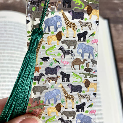 Zoo Animals Bookmark with Green Tassel – Fun Safari Jungle Gift for Readers, Kids, Teachers, Book Clubs