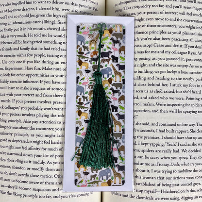 Zoo Animals Bookmark with Green Tassel – Fun Safari Jungle Gift for Readers, Kids, Teachers, Book Clubs
