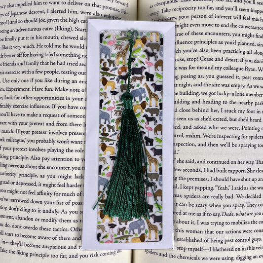 Zoo Animals Bookmark with Green Tassel – Fun Safari Jungle Gift for Readers, Kids, Teachers, Book Clubs