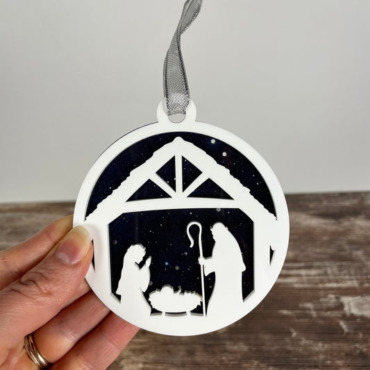 Nativity Scene Christmas Ornament | Holy Family Manger Decoration | Christian Christmas | Religious Holiday Gift | Starry Night Silhouette