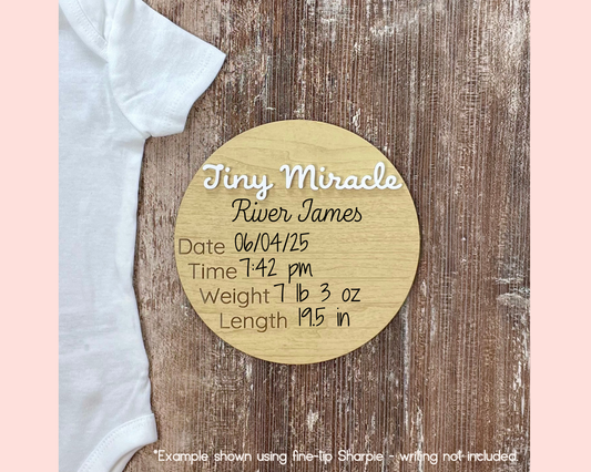 Baby Birth Announcement Sign – Personalized Newborn Disc | 5” or 6” | Eco Maple Look | Custom Sayings + Acrylic Colors