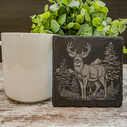 Elevate Your Home Décor with Our Four-Pack Slate Coasters Featuring Stunning Deer Scenes