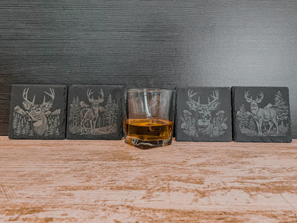 Elevate Your Home Décor with Our Four-Pack Slate Coasters Featuring Stunning Deer Scenes