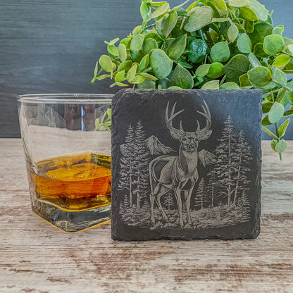 Elevate Your Home Décor with Our Four-Pack Slate Coasters Featuring Stunning Deer Scenes