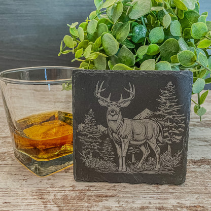 Elevate Your Home Décor with Our Four-Pack Slate Coasters Featuring Stunning Deer Scenes