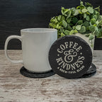 Coffee and Kindness a brew-tiful blend engraved on round slate coasters, set of 4