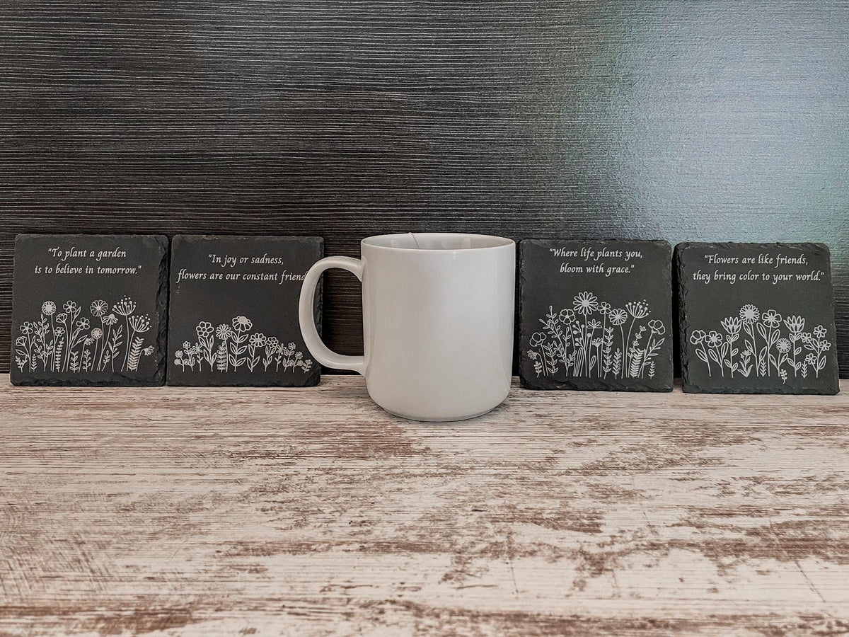 Set of four wildflower coasters with inspirational quote