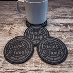 The best times are always found when friends and family gather round engraved on round slate coasters, set of 4
