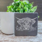 Highland cow pictures laser engraved on slate coasters, perfect for fans of cows!
