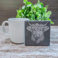 Highland cow pictures laser engraved on slate coasters, perfect for fans of cows!