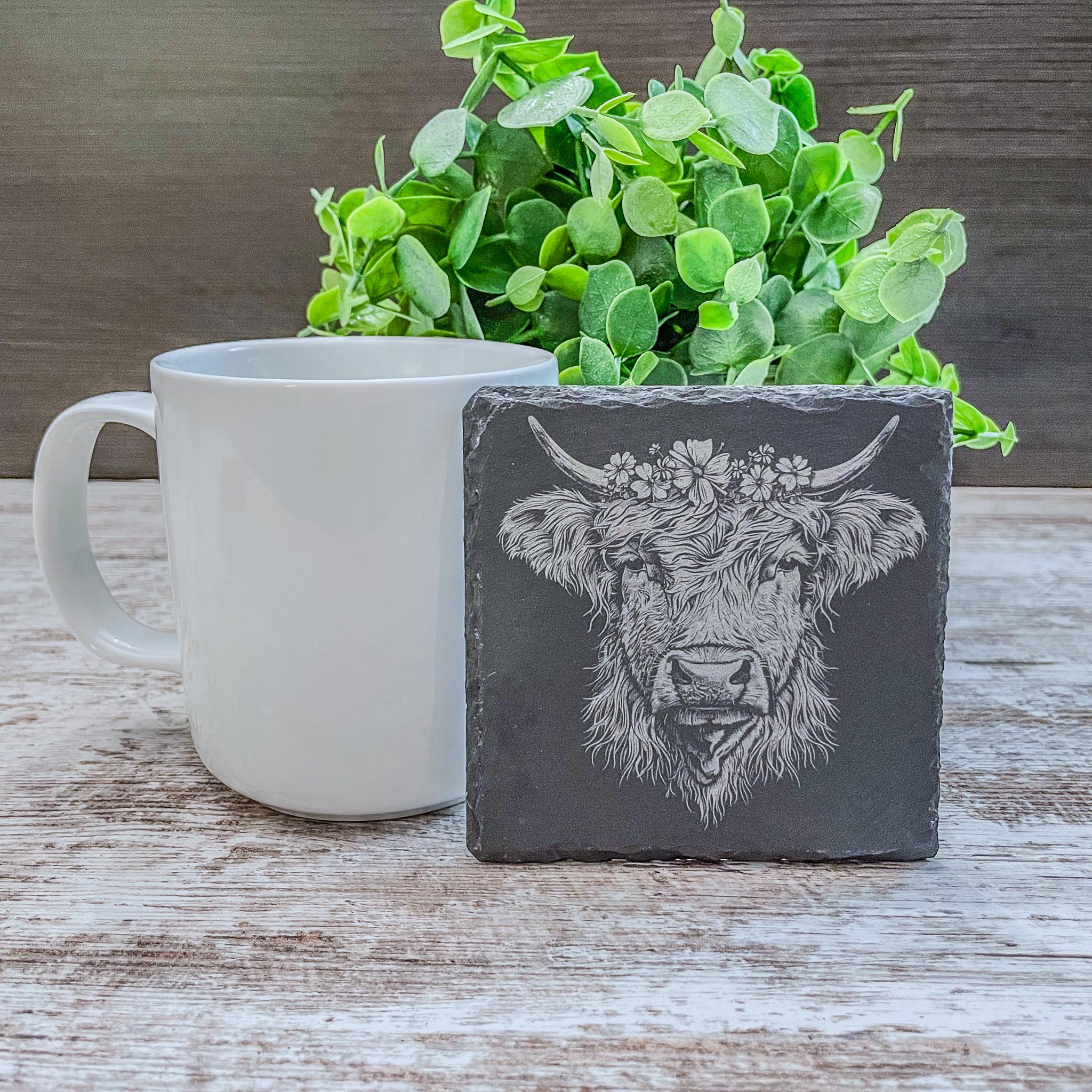 Highland cow pictures laser engraved on slate coasters, perfect for fans of cows!
