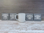 Highland cow pictures laser engraved on slate coasters, perfect for fans of cows!