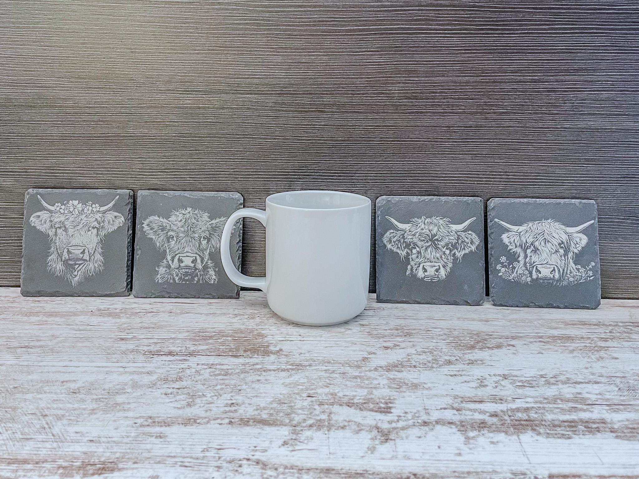 Highland cow pictures laser engraved on slate coasters, perfect for fans of cows!