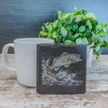 Slate coasters with bass fish laser engraved on them in 4 different scenes.