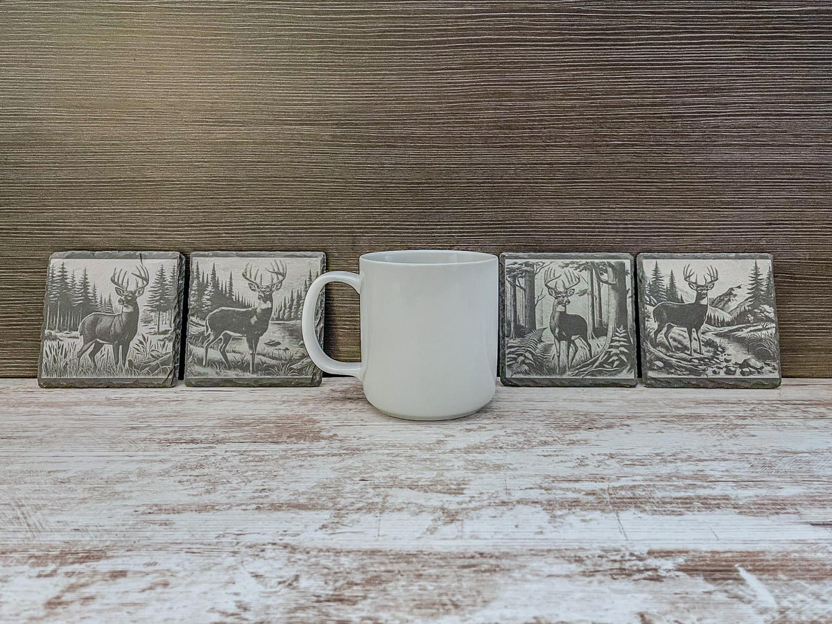 Slate coaster with whitetail deer engraved, available in sets of 4-12