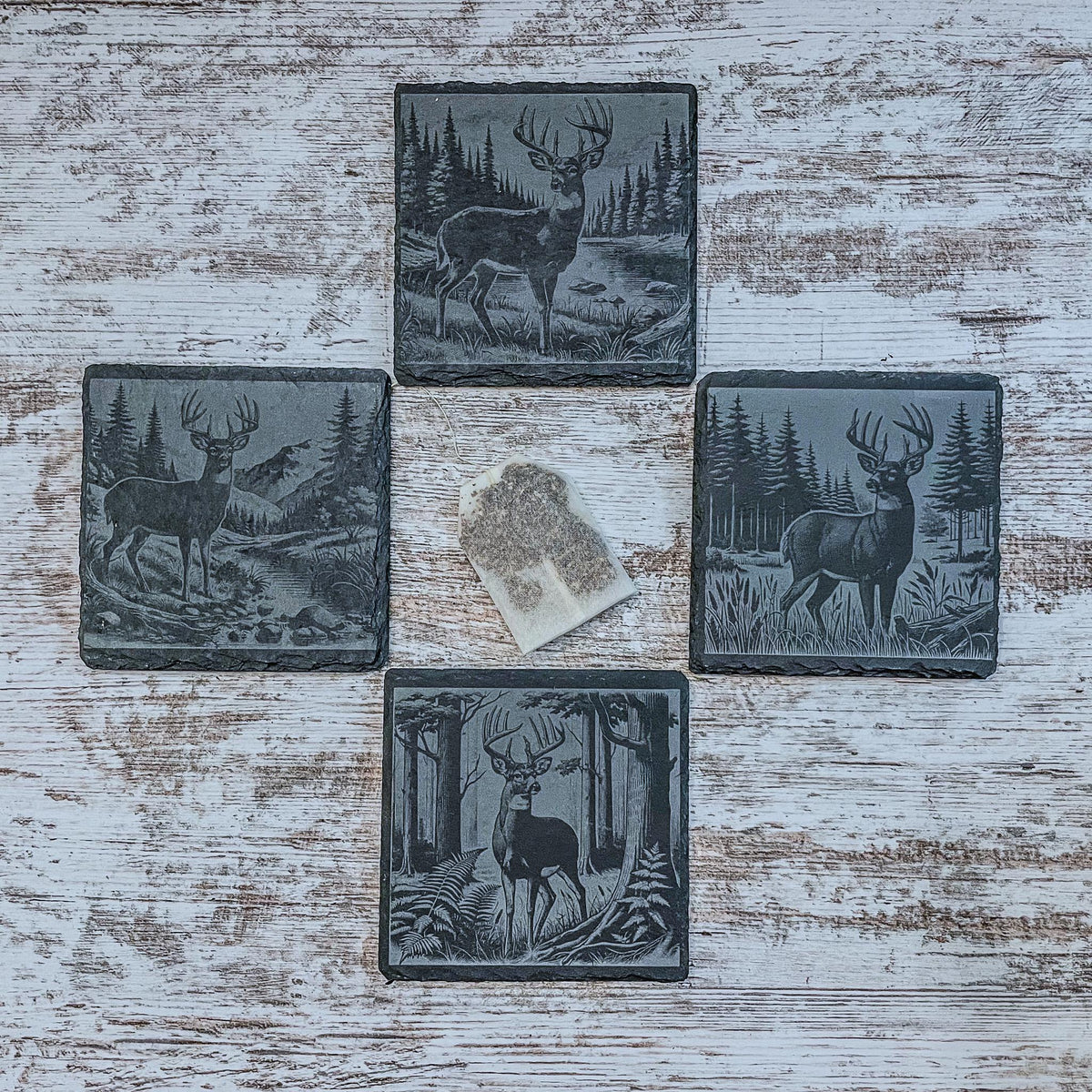 Slate coaster with whitetail deer engraved, available in sets of 4-12