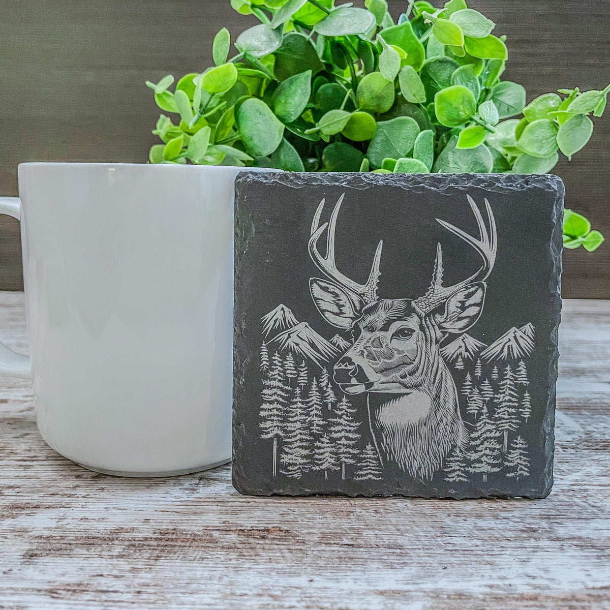 Slate coaster with scenic deer designs laser engraved, available in sets of 4 to 12