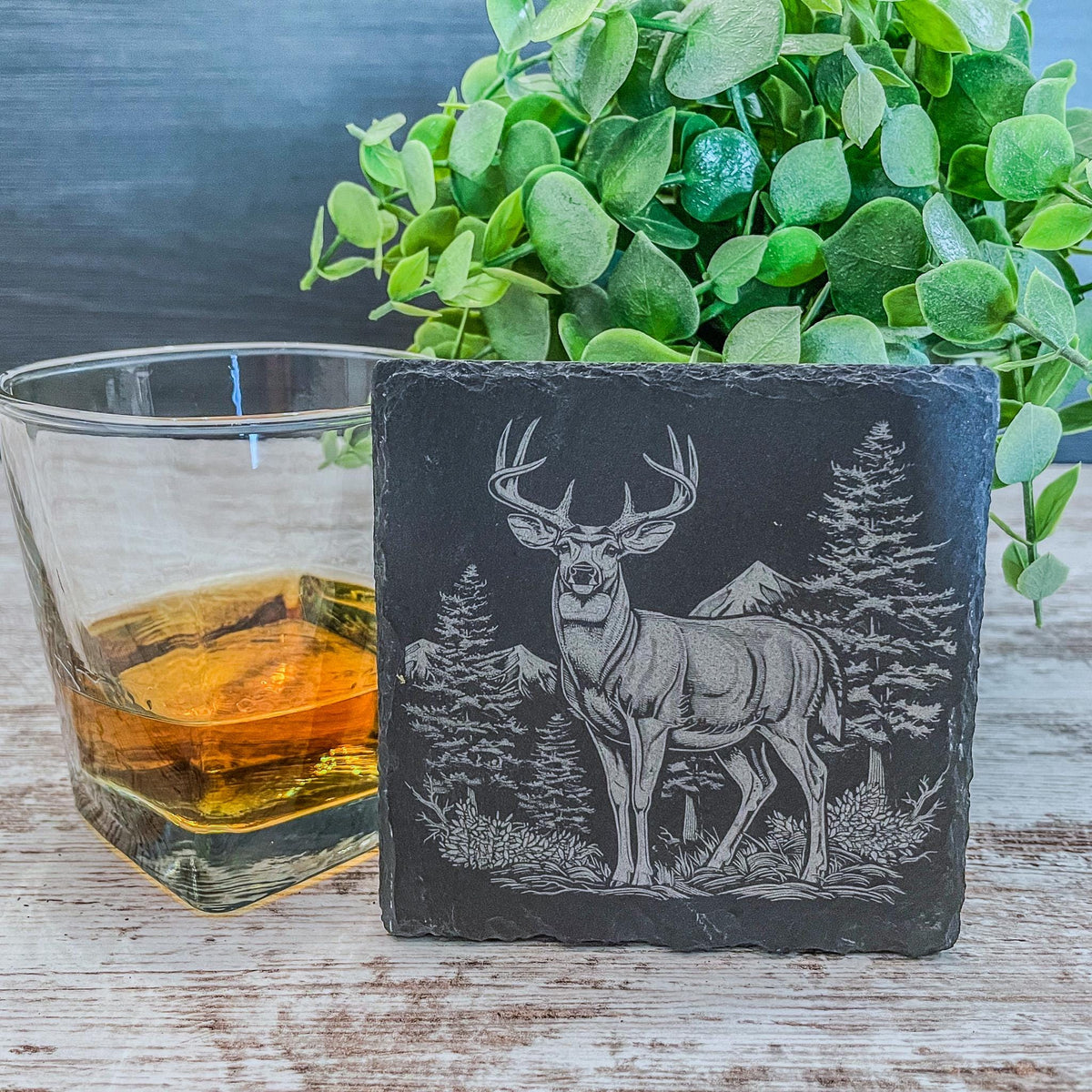 Slate coaster with scenic deer designs laser engraved, available in sets of 4 to 12