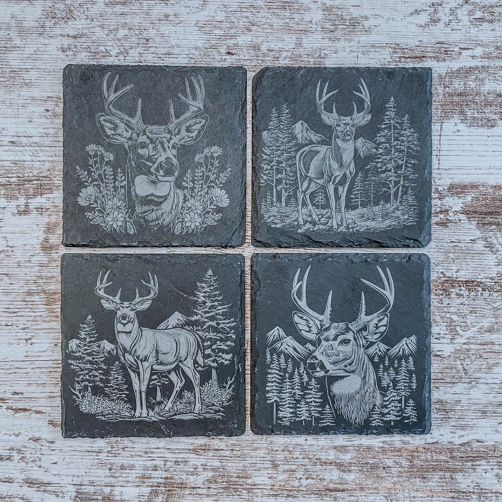 Slate coaster with scenic deer designs laser engraved, available in sets of 4 to 12