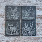 Slate coaster with scenic deer designs laser engraved, available in sets of 4 to 12