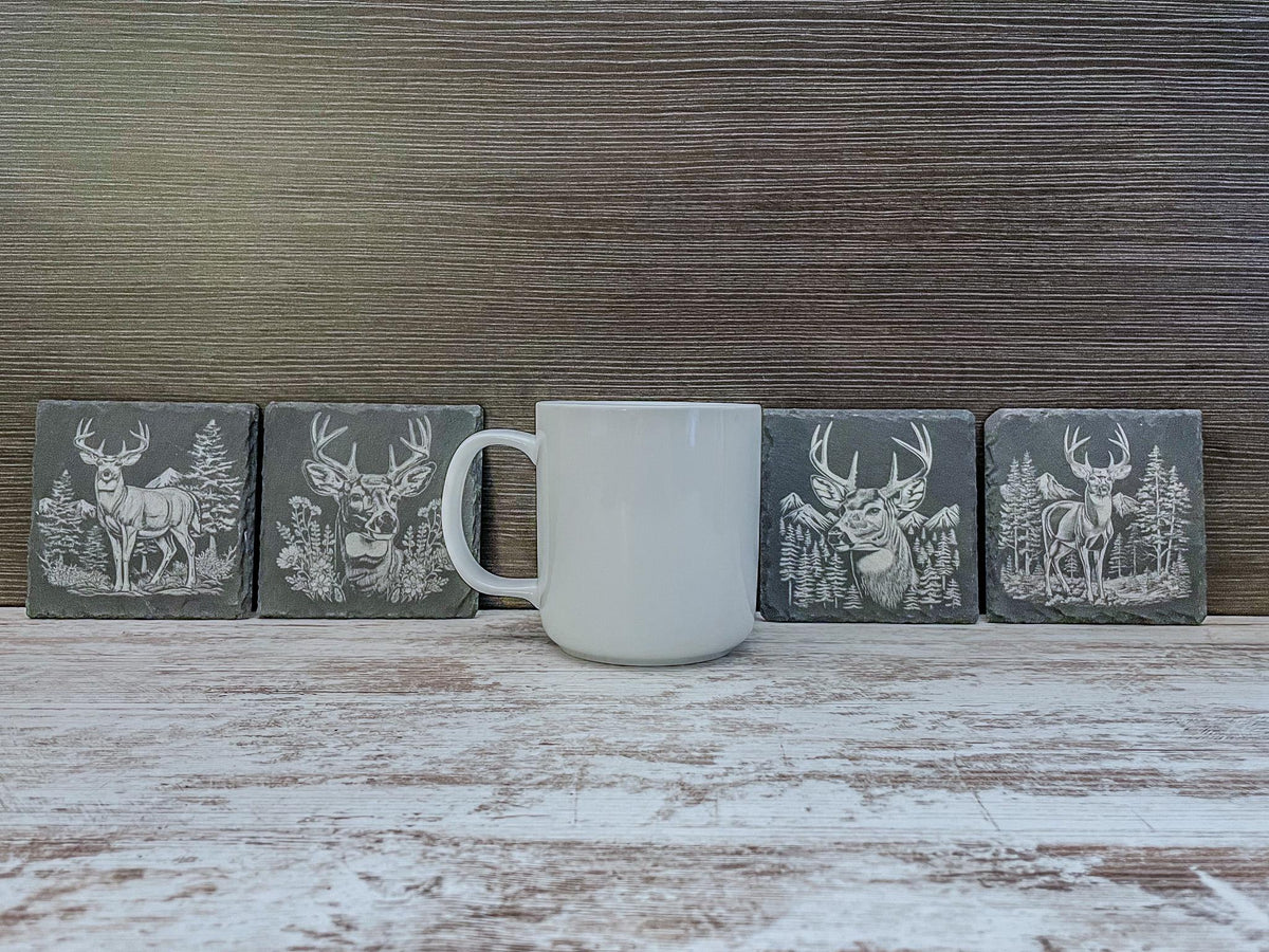 Slate coaster with scenic deer designs laser engraved, available in sets of 4 to 12