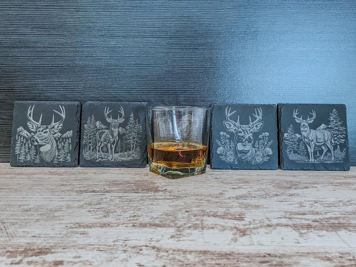 Slate coaster with scenic deer designs laser engraved, available in sets of 4 to 12