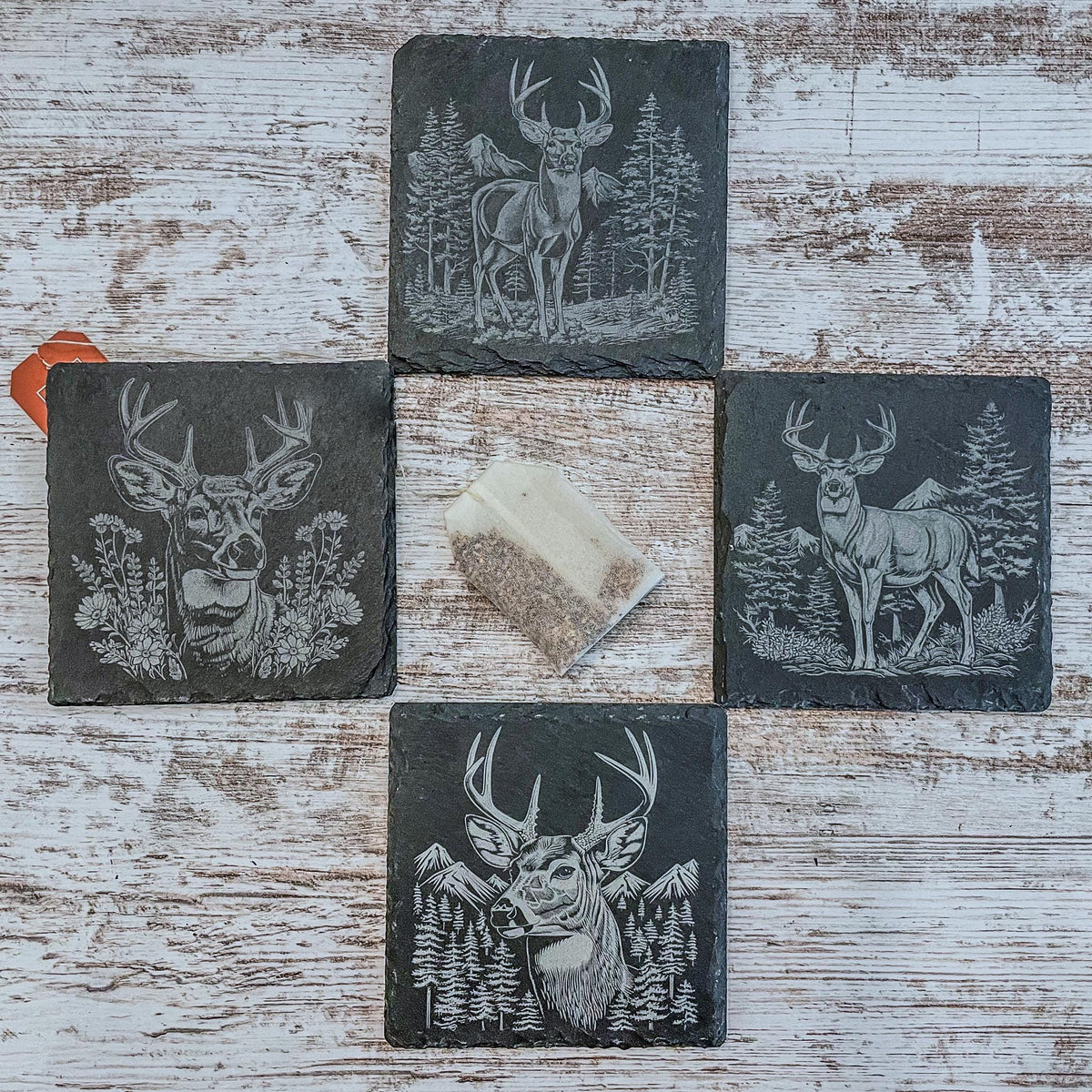 Slate coaster with scenic deer designs laser engraved, available in sets of 4 to 12