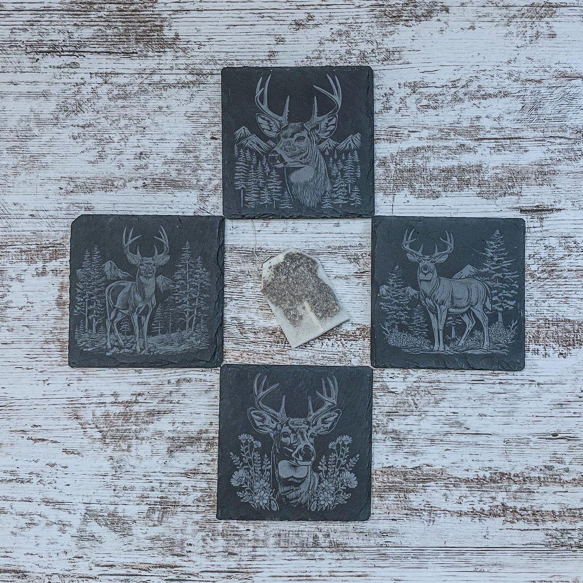 Slate coaster with scenic deer designs laser engraved, available in sets of 4 to 12