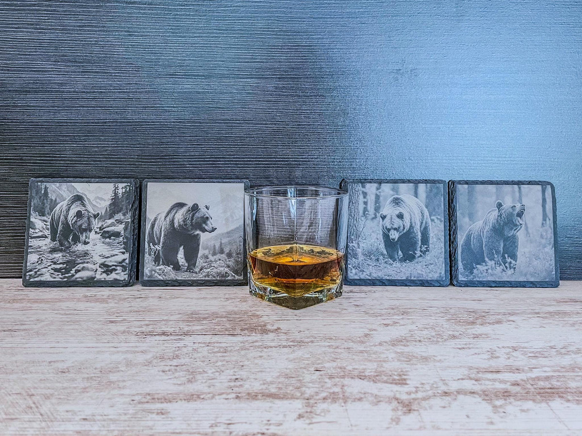 Engraved Bear Slate Coasters (Set of 4) - Rustic Cabin Decor