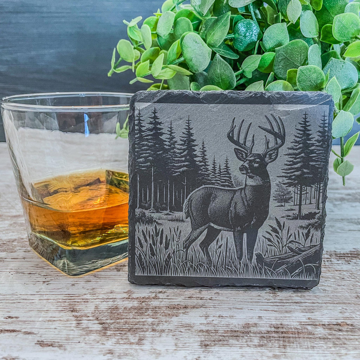 Slate coaster with whitetail deer engraved, available in sets of 4-12