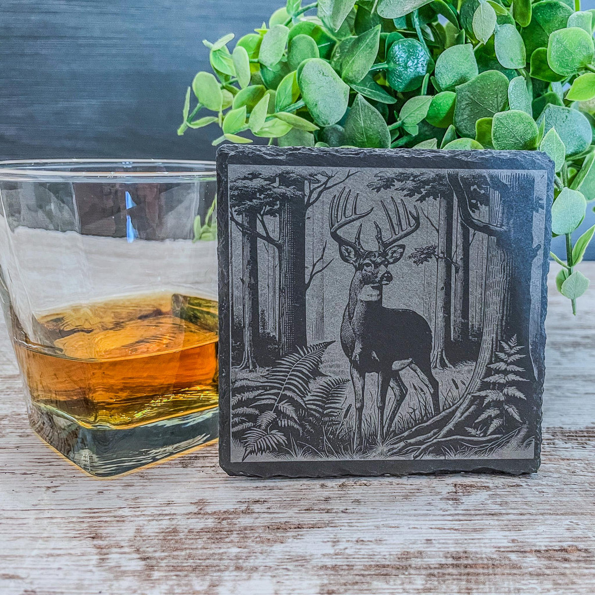 Slate coaster with whitetail deer engraved, available in sets of 4-12