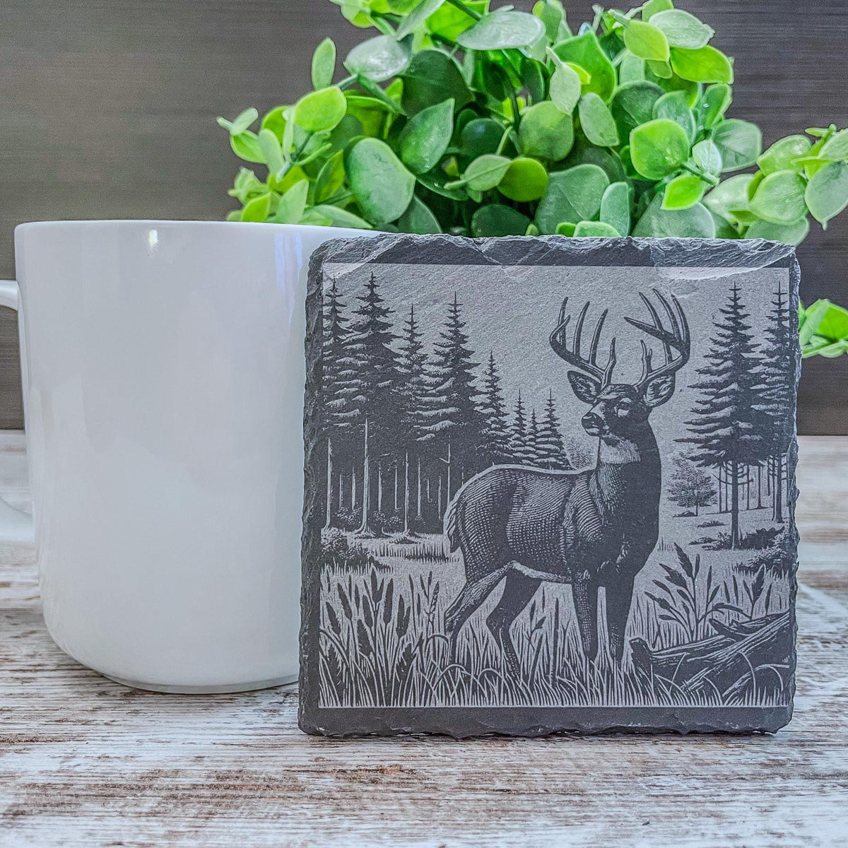 Slate coaster with whitetail deer engraved, available in sets of 4-12