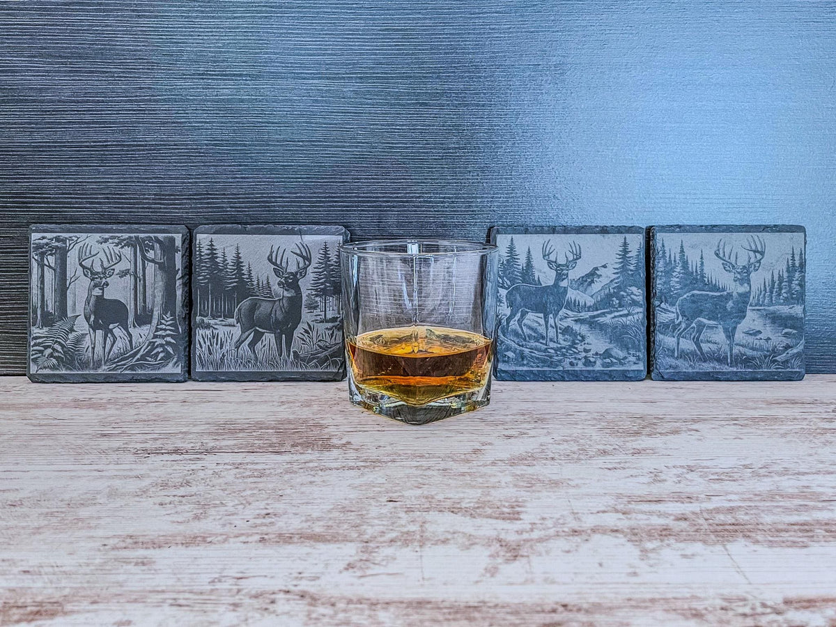 Slate coaster with whitetail deer engraved, available in sets of 4-12