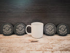 Coffee and Kindness a brew-tiful blend engraved on round slate coasters, set of 4