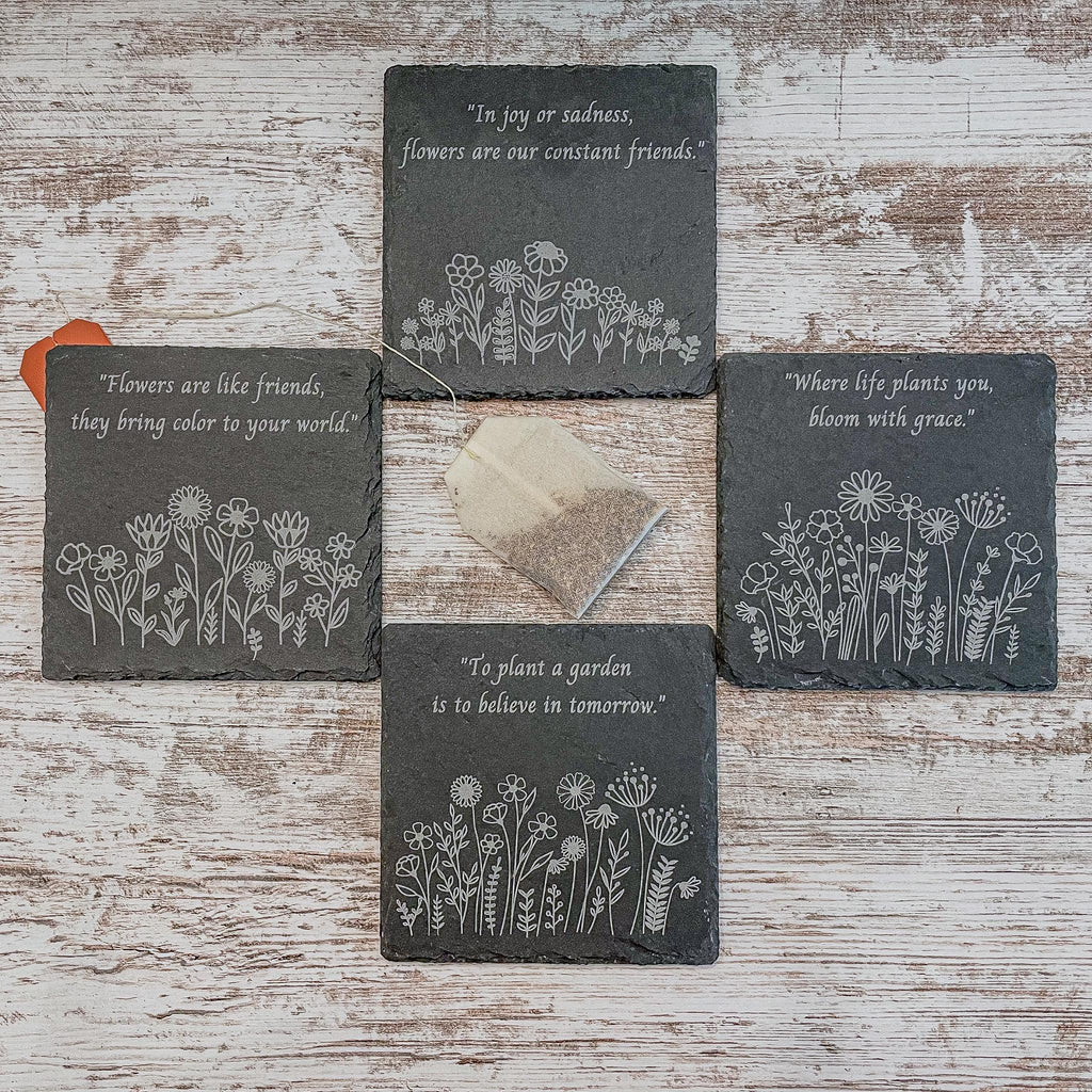Set of four wildflower coasters with inspirational quote