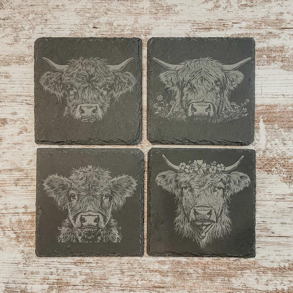 Highland cow pictures laser engraved on slate coasters, perfect for fans of cows!