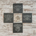 Highland cow pictures laser engraved on slate coasters, perfect for fans of cows!