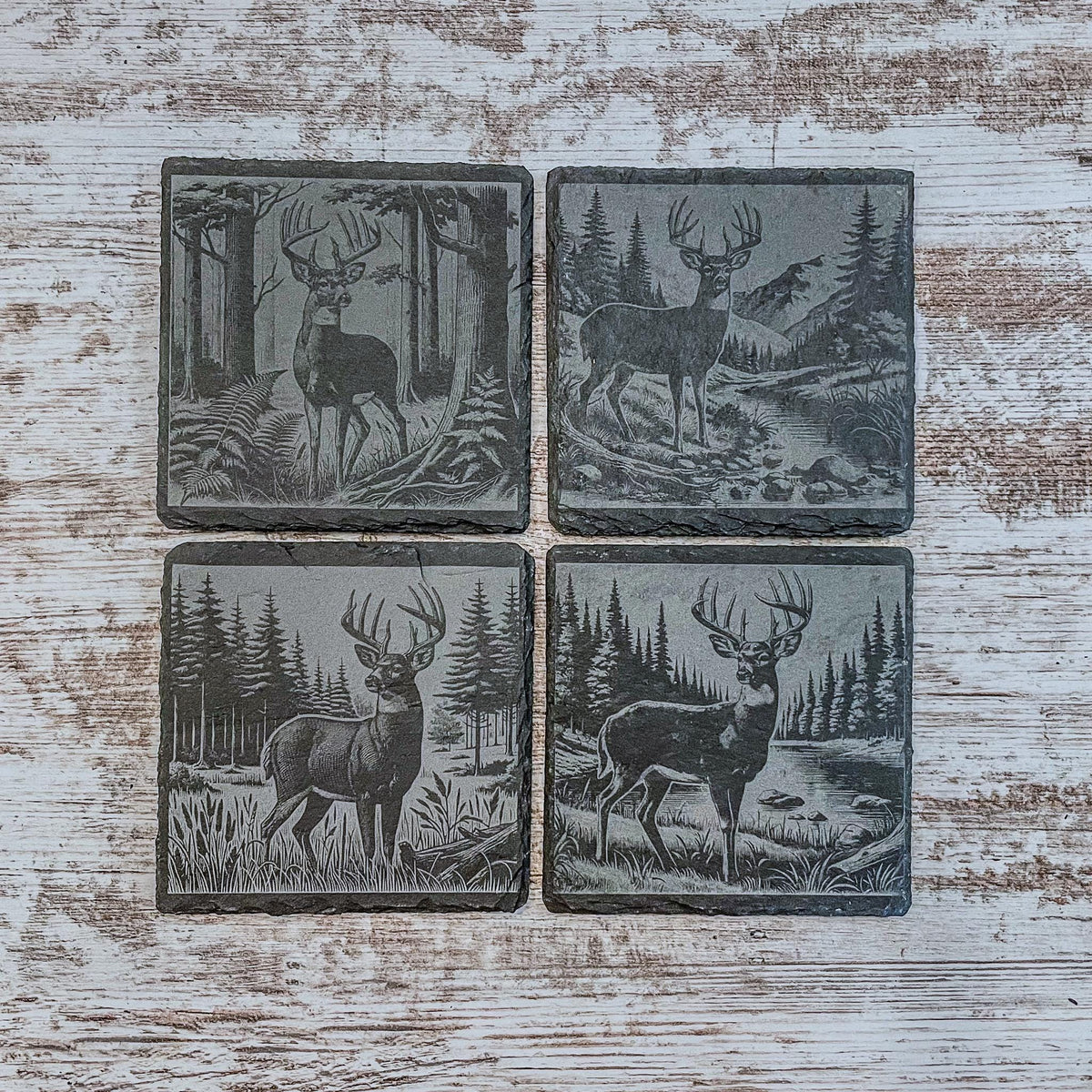 Slate coaster with whitetail deer engraved, available in sets of 4-12