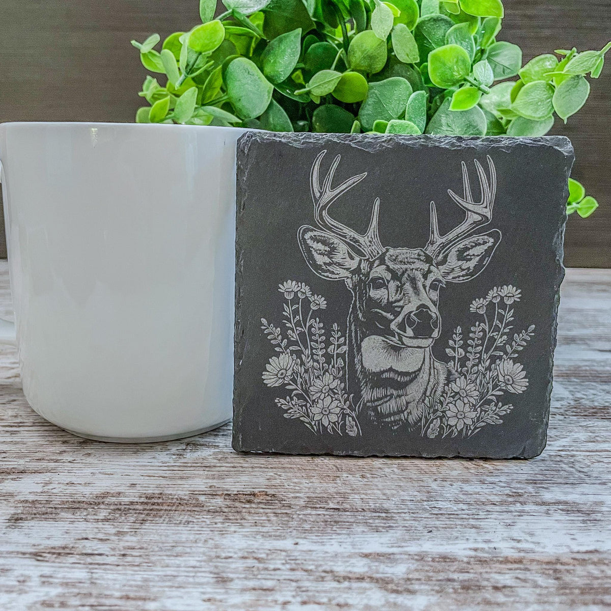 Slate coaster with scenic deer designs laser engraved, available in sets of 4 to 12