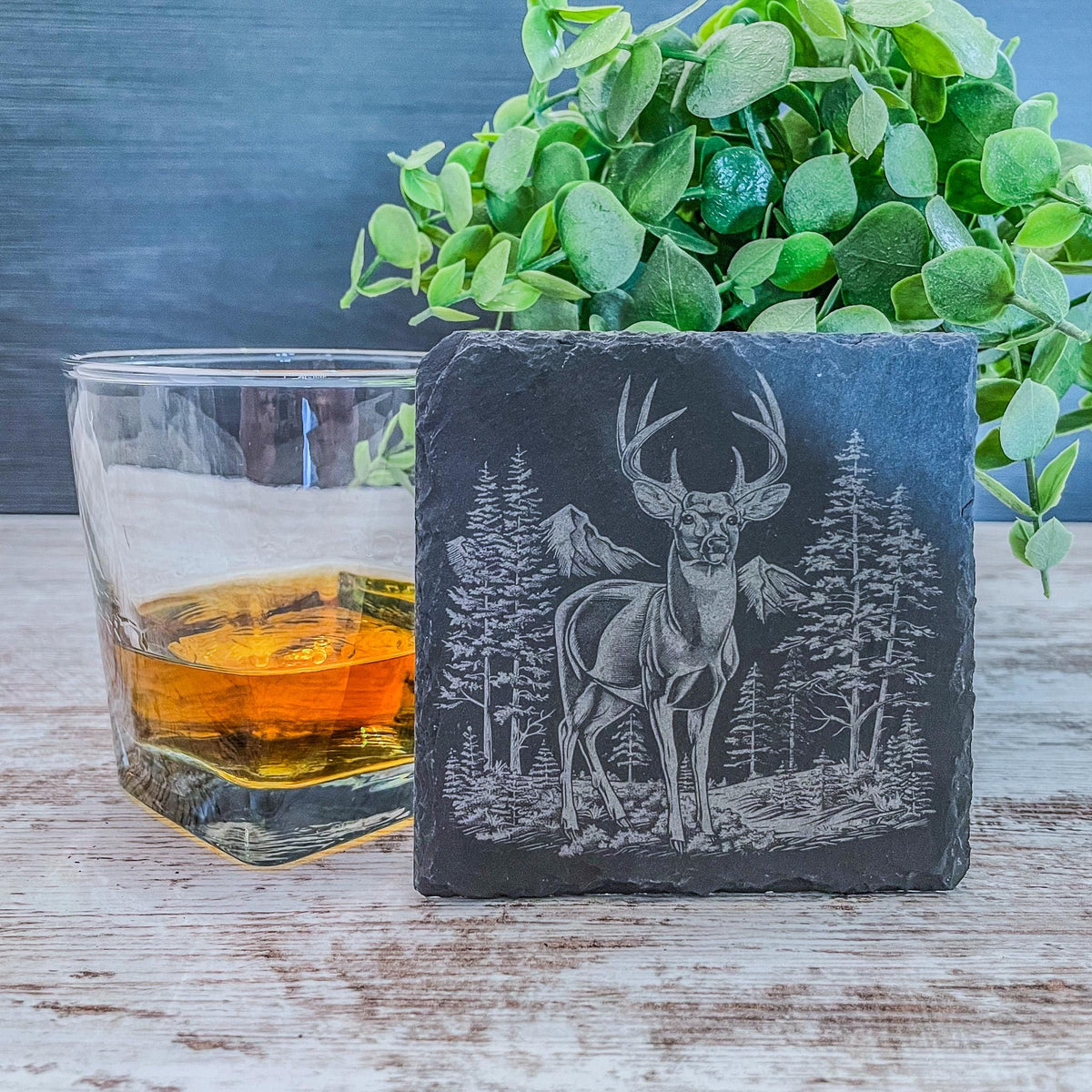 Slate coaster with scenic deer designs laser engraved, available in sets of 4 to 12