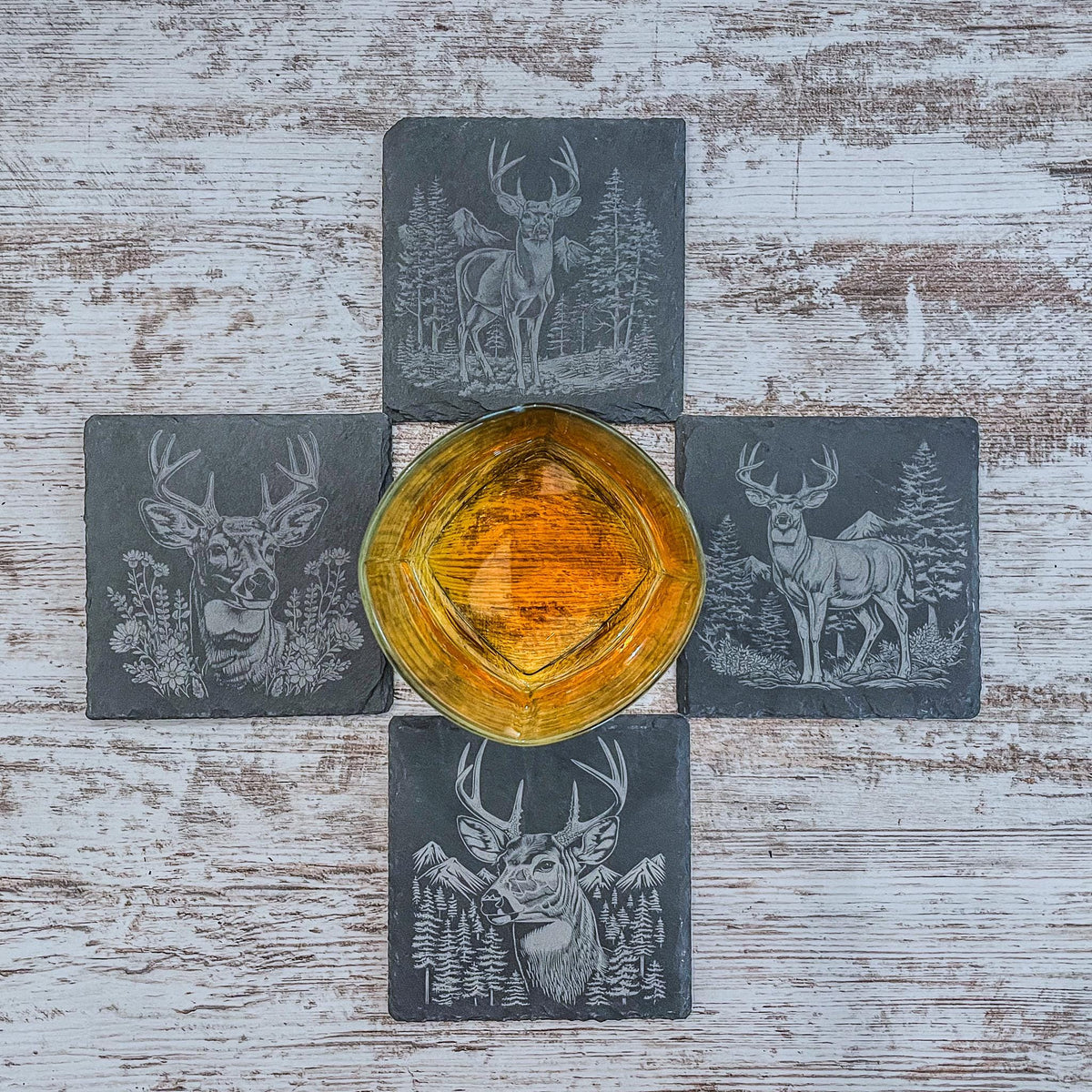 Slate coaster with scenic deer designs laser engraved, available in sets of 4 to 12